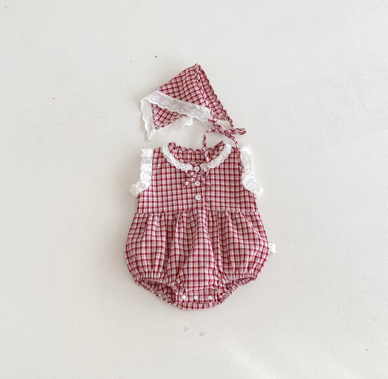 Millie - Red & White Check Romper Lined with Lace
